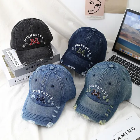 Gorra de Béisbol de Denim Lavado Vintage Efecto Desgastado Con Agujeros Bordado Minnesota M Gorra Dad Hat Ajustable para Hombre Mujer