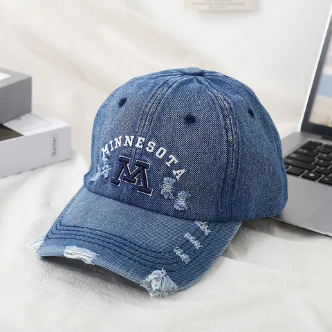 Gorra de Béisbol de Denim Lavado Vintage Efecto Desgastado Con Agujeros Bordado Minnesota M Gorra Dad Hat Ajustable para Hombre Mujer