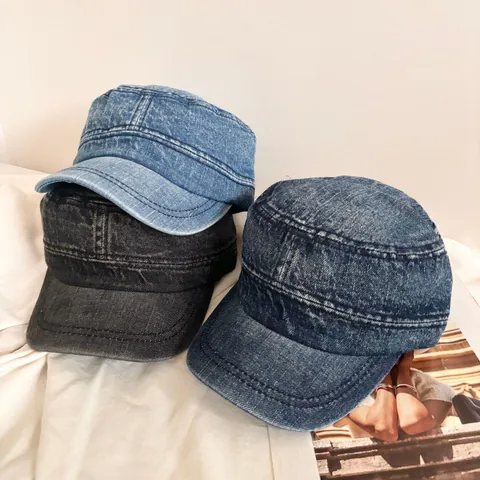Berretto Cadet in Denim Lavato Vintage Distressed per Uomo Donna Retro Regolabile Piatto Superiore Parasole Stile Militare Esercito Cappello