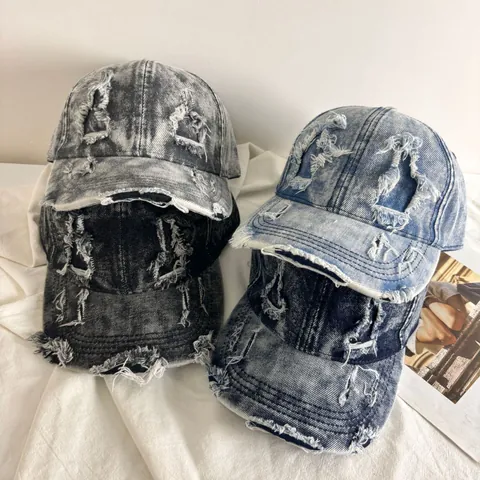 Berretto da Baseball in Denim Lavato Vintage per Uomo Donna Distressed Strappato Regolabile Streetwear Cappello Trucker