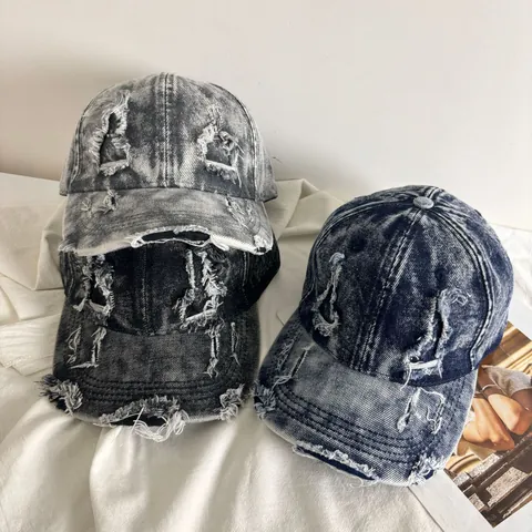 Berretto da Baseball in Denim Lavato Vintage per Uomo Donna Distressed Strappato Regolabile Streetwear Cappello Trucker