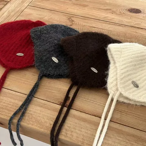 Women Winter Wool Blend Knit Ear Flap Hat With Ties Metal Logo Warm Mohair Look Bonnet Solid Color Windproof Beanie Hat