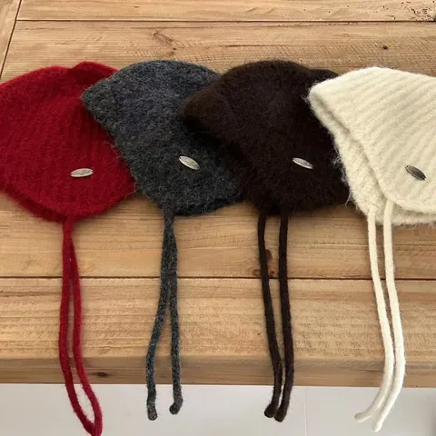 Women Winter Wool Blend Knit Ear Flap Hat With Ties Metal Logo Warm Mohair Look Bonnet Solid Color Windproof Beanie Hat