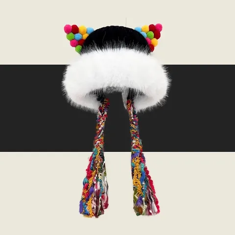 Cute Cat Ears Knit Earflap Hat With Faux Fur Trim Colorful Pom Pom Braided Tassels Winter Warm Beanie For Women Outdoor Casual Accessory