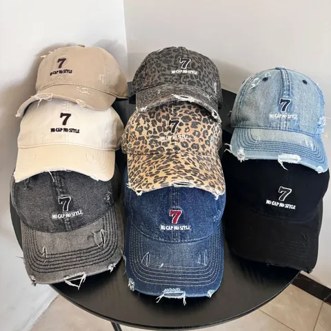 Vintage Denim Baseballkappe Damen Zerrissen Stickerei Nummer 7 Gebogener Schirm Sonnenschutz Leopard Print Kappe