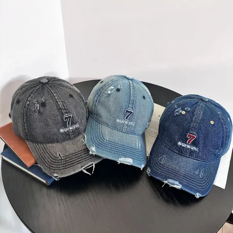 Vintage Denim Baseballkappe Damen Zerrissen Stickerei Nummer 7 Gebogener Schirm Sonnenschutz Leopard Print Kappe