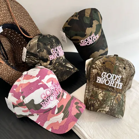 Vintage Distressed Katoen Camouflage Honkbalpet God's Favorite Letterborduurwerk Gebogen Rand Streetwear Outdoor Zonnehoed Voor Dames Heren