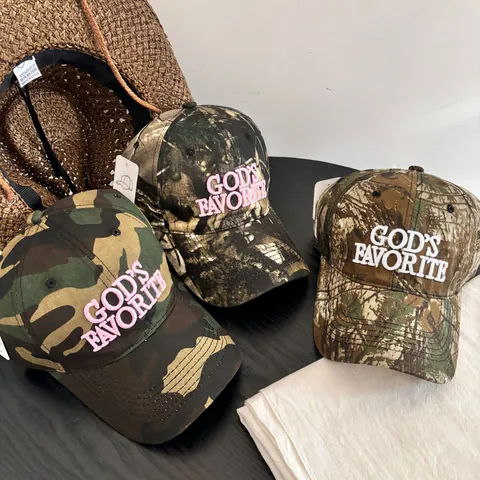 Vintage Distressed Katoen Camouflage Honkbalpet God's Favorite Letterborduurwerk Gebogen Rand Streetwear Outdoor Zonnehoed Voor Dames Heren