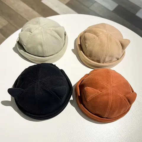 Cute Cat Ears Acrylic Docker Hat For Women Japanese Style Rolled Edge Beanie Cap Streetwear Casual Skullcap Fashion Autumn Winter Headwear