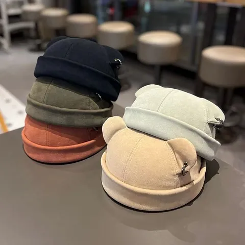 Women's Cute Cat Bear Ears Docker Hat Solid Color Brimless Beanie With Metal Ring Streetwear Casual Acrylic Landlord Hat