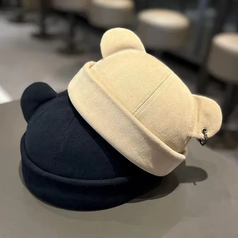 Women's Cute Cat Bear Ears Docker Hat Solid Color Brimless Beanie With Metal Ring Streetwear Casual Acrylic Landlord Hat