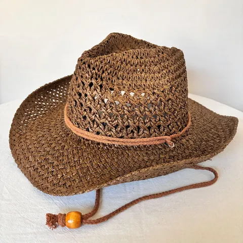 Dames Opengewerkte Papierstro Cowboyhoed Brede Rand Zomer Strand Zonnehoed Met Winddicht Koord Verstelbare Ademende Strohoed