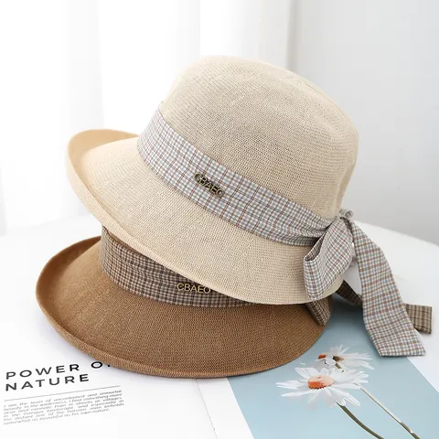 Women Summer Straw Bucket Hat With Checkered Ribbon Bowknot Sun Protection Breathable Wide Brim Beach Sunshade Fisherman Hat