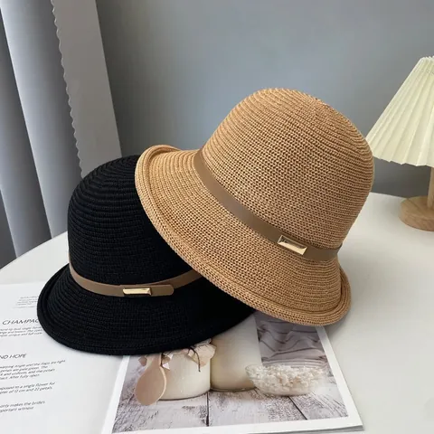 Damen Hepburn Stil Stroh Geflochten Anglerhut Sonnenschutz Atmungsaktiv Sommer Strand Sonnenhut Mit Leder Schnalle Band