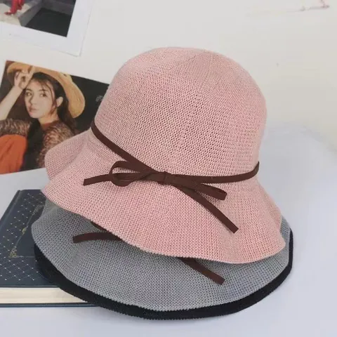Women Bow Bucket Hat Cotton Blend Woven Sun Protection Summer Beach Foldable Wide Brim Hat For Outdoor Travel Sunshade