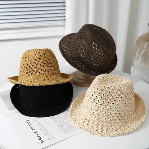 Women Hollow Crochet Bucket Hat Breathable Sun Protection Summer Beach Travel Fedora Style Foldable Wide Brim Sun Hat