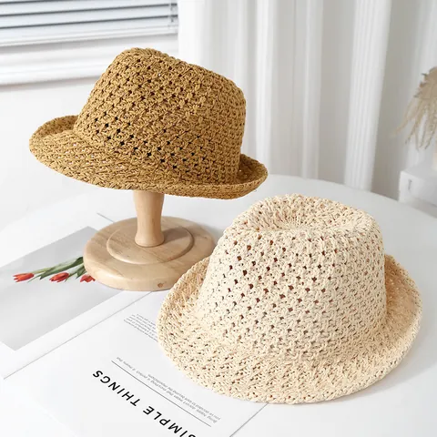 Women Hollow Crochet Bucket Hat Breathable Sun Protection Summer Beach Travel Fedora Style Foldable Wide Brim Sun Hat