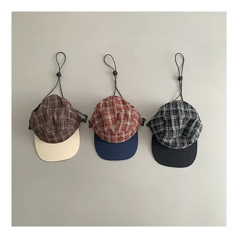 Vintage Ruitjes Acryl 5-Panel Baseballpet Met Verstelbaar Winddicht Trekkoord Platte Rand Camp Pet Voor Buiten Unisex