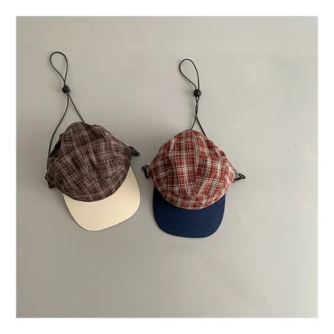 Vintage Ruitjes Acryl 5-Panel Baseballpet Met Verstelbaar Winddicht Trekkoord Platte Rand Camp Pet Voor Buiten Unisex