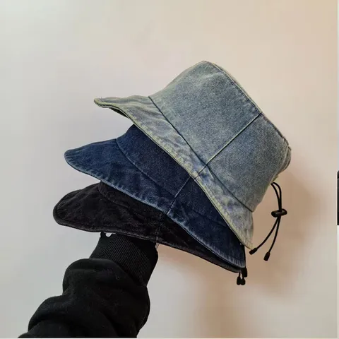Dames Gewassen Denim Vissershoed Zonbescherming Verstelbaar Trekkoord Bucket Hat Met Driehoekige Patch Retro Denim Hoed