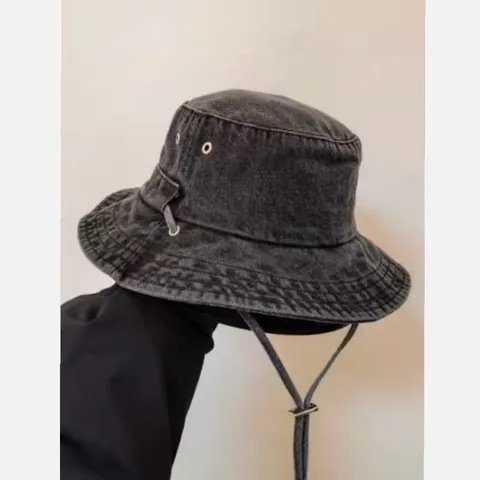 Retro Washed Denim Bucket Hat For Men Women Sun Protection Outdoor Hiking Climbing Fishing Cap With Adjustable Windproof String