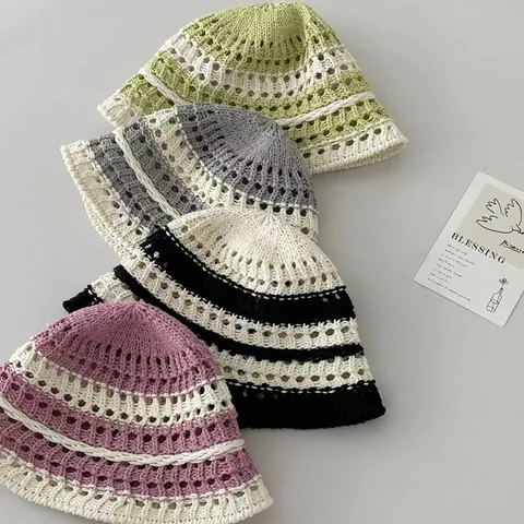 Dames Handgemaakte Gehaakte Vissershoed Katoenmix Opengewerkte Bloemen Gestreepte Zonbescherming Retro Japanse Stijl Zomer