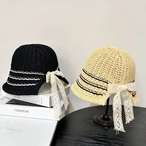 Women French Retro Crochet Bucket Hat Cotton Blend Sunshade Hat With Lace Bowknot And Striped Summer Beach Fisherman Hat