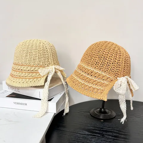 Women French Retro Crochet Bucket Hat Cotton Blend Sunshade Hat With Lace Bowknot And Striped Summer Beach Fisherman Hat