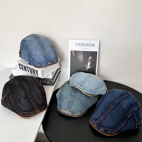 Women's Retro Washed Denim Newsboy Hat British Style Beret Cap With Contrast Stitching Vintage Casual Flat Cap Fashion Accessory
