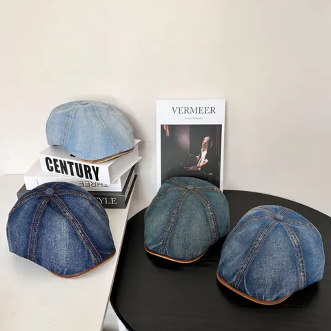 Boina de Mezcla de Algodón Vintage para Mujer Hombre Estilo Japonés Costuras de Contraste Gorra Plana Ribete de Cuero