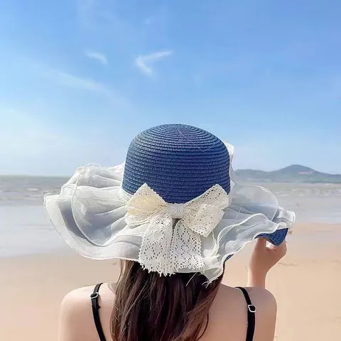 Women Large Brim Straw Hat Summer Beach Sun Protection Hat Organza Trim Lace Bow Elegant Vacation Sunshade Hat