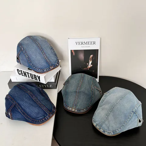 Women's Retro Washed Denim Newsboy Hat British Style Beret Cap With Contrast Stitching Vintage Casual Flat Cap Fashion Accessory