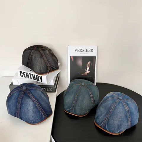 Boina de Mezcla de Algodón Vintage para Mujer Hombre Estilo Japonés Costuras de Contraste Gorra Plana Ribete de Cuero