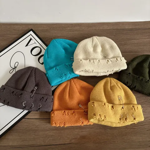Distressed Knit Beanie Hat With Metal Pin And Rings Streetwear Hip Hop Winter Warm Acrylic Hat For Men Women Unisex Headwear
