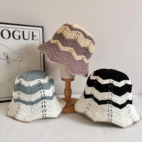 Vrouwen Handgehaakt Golfpatroon Vissershoed Opengewerkt Kleurblok Golvende Rand Zonnescherm Zonnehoed Strand Casual Outdoor