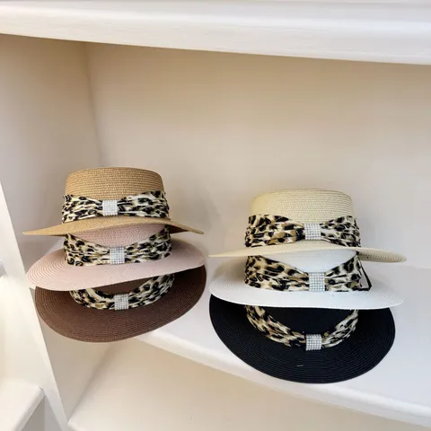 Women Summer Boater Straw Hat Flat Top Sun Hat Leopard Print Ribbon Bow Pearl Decor Beach Travel Sunshade Wide Brim Hat