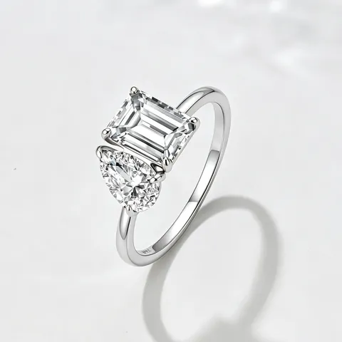 925 Sterling Silver Double Stone Ring For Women Pear And Emerald Cut Zirconia Toi Et Moi Geometric Open Ring Jewelry Gift