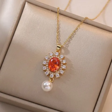 Collar Con Colgante De Flor De Circón Naranja Acero Inoxidable Con Perla Artificial Joyería Elegante Para Mujer Moda
