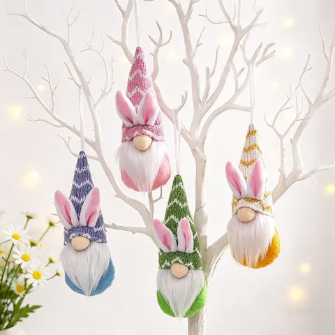 Ornamenti Appesi Di Gnomo Di Pasqua Con Cappelli Orecchie Di Coniglio Lavorati A Maglia E Barba In Pelliccia Sintetica Colorati