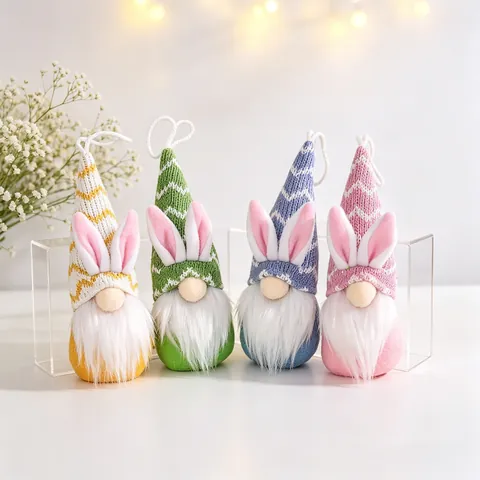 Ornamenti Appesi Di Gnomo Di Pasqua Con Cappelli Orecchie Di Coniglio Lavorati A Maglia E Barba In Pelliccia Sintetica Colorati