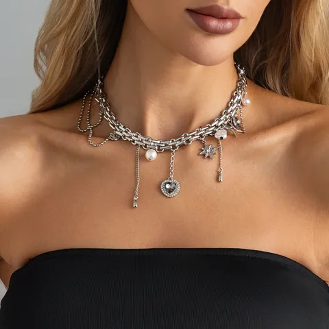 Collana A Catena Grossa Vintage Con Ciondoli A Cuore In Lega Oro E Argento Misti Stile Punk Hip Hop