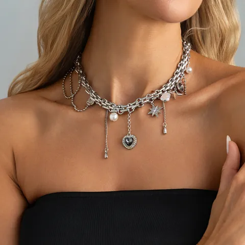 Collana A Catena Grossa Vintage Con Ciondoli A Cuore In Lega Oro E Argento Misti Stile Punk Hip Hop