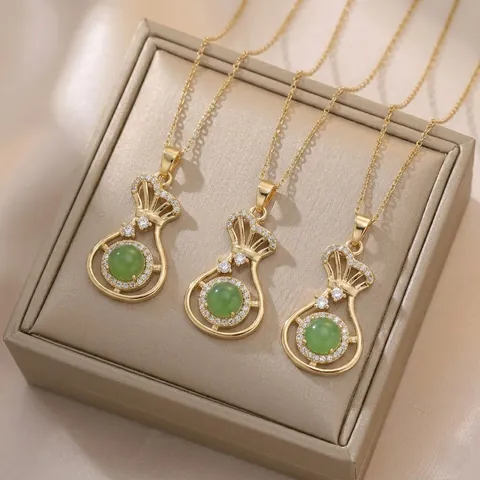 Collar Colgante Bolsa De Dinero Acero Inoxidable Chapado En Oro Piedra Ojo De Gato Verde Circonita Amuleto Joyas Mujer