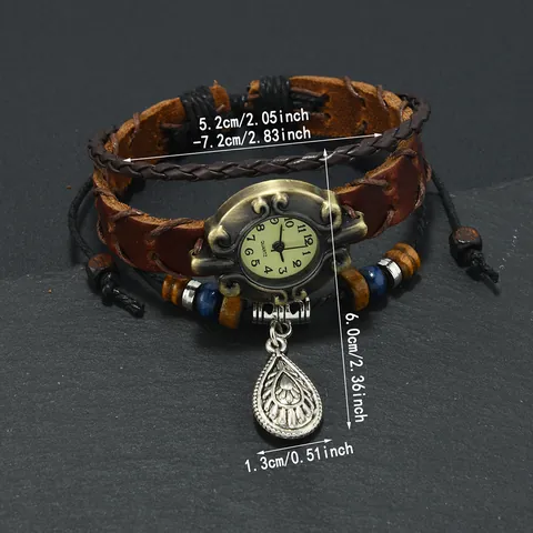 Vintage Punk Genuine Leather Bracelet Watch For Men Handmade Braided Cowhide Quartz Wristwatch With Wood Beads Metal Pendant