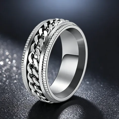 Men's Minimalist Stainless Steel Spinner Ring Cuban Link Chain Inlay Stress Relief Band Punk Street Jewelry Gift Silver