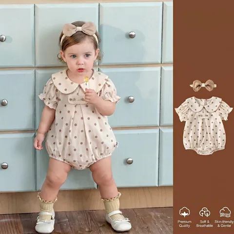 Barboteuse en Coton pour Bébé Fille à Pois Imprimé Col Claudine Manches Courtes Body Avec Bandeau Vêtements d'Été Nouveau-né