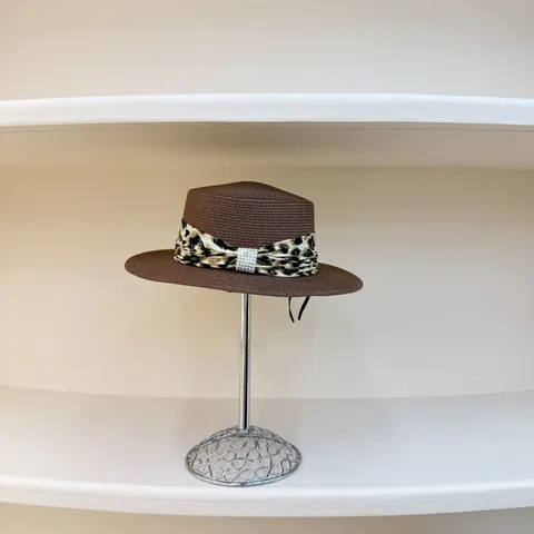 Women Summer Boater Straw Hat Flat Top Sun Hat Leopard Print Ribbon Bow Pearl Decor Beach Travel Sunshade Wide Brim Hat