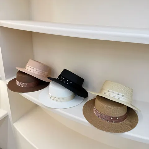 Women Retro Rhinestone Flat Top Boater Straw Hat Summer Beach Sun Shade Hat Elegant Satin Ribbon Woven Vacation Hat
