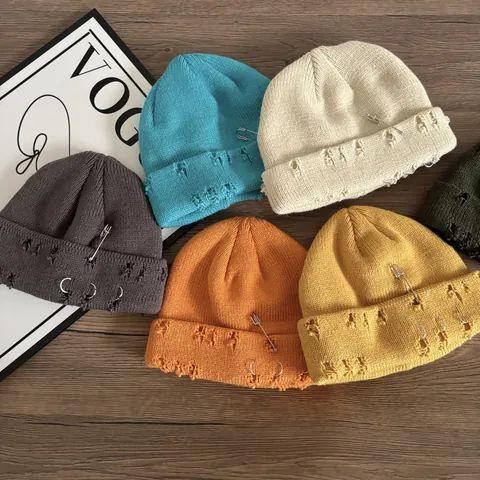 Distressed Knit Beanie Hat With Metal Pin And Rings Streetwear Hip Hop Winter Warm Acrylic Hat For Men Women Unisex Headwear