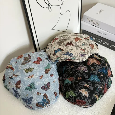 Coppola Vintage in Jacquard con Farfalle Regolabile Berretto in Acrilico per Uomo Donna Retro Artistico Parasole Newsboy Cap
